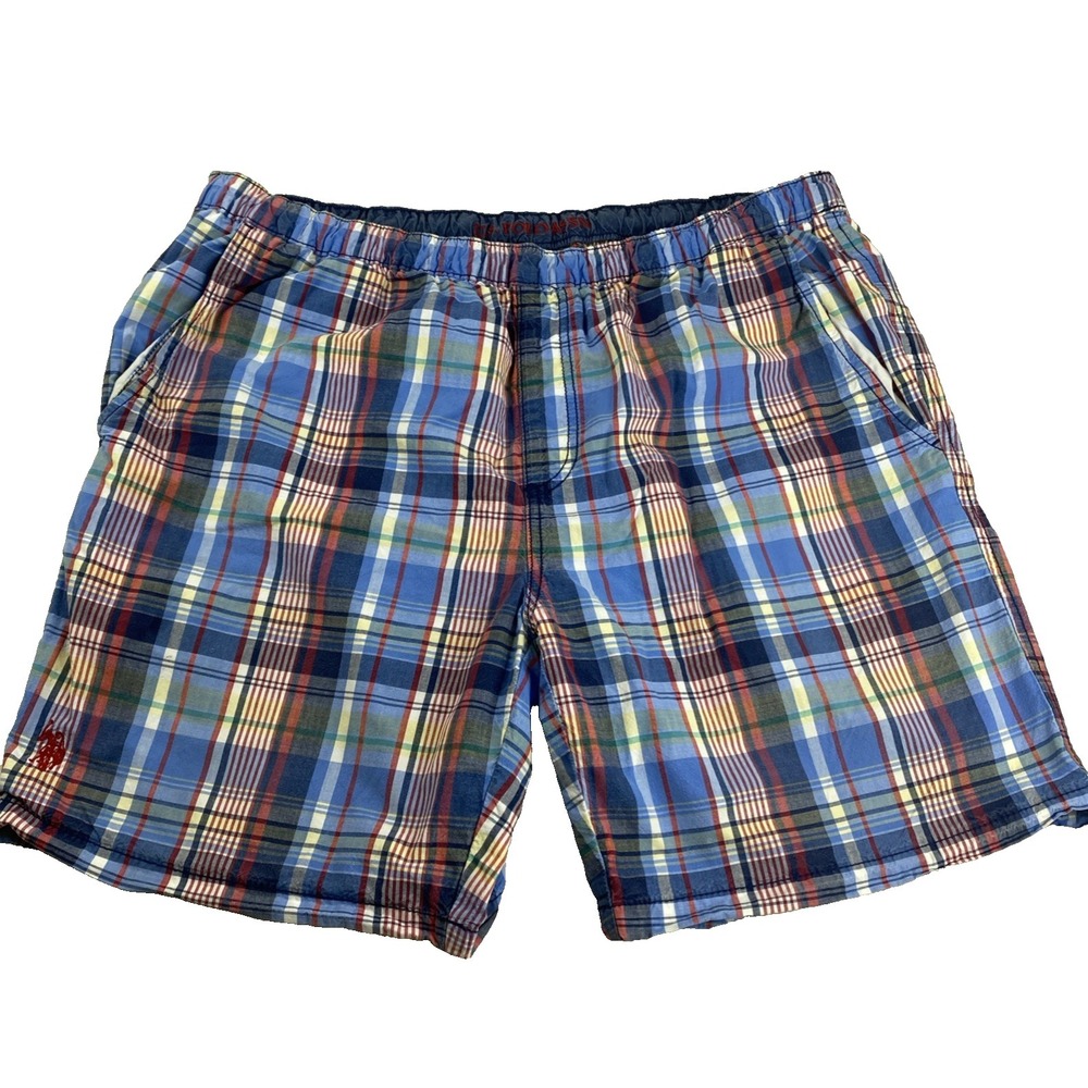 US Polo Assn Mens XL Madras Red White Blue Plaid Shorts Beach Preppy Drawstring